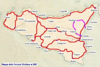 mappa che illustra l'estensione della rete ferroviaria in Sicilia